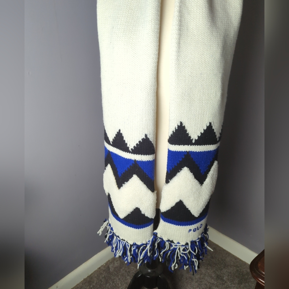 Polo Ralph Lauren Logo Geo-Motif 100%wool nordic knit scarf O/S 188x24cm